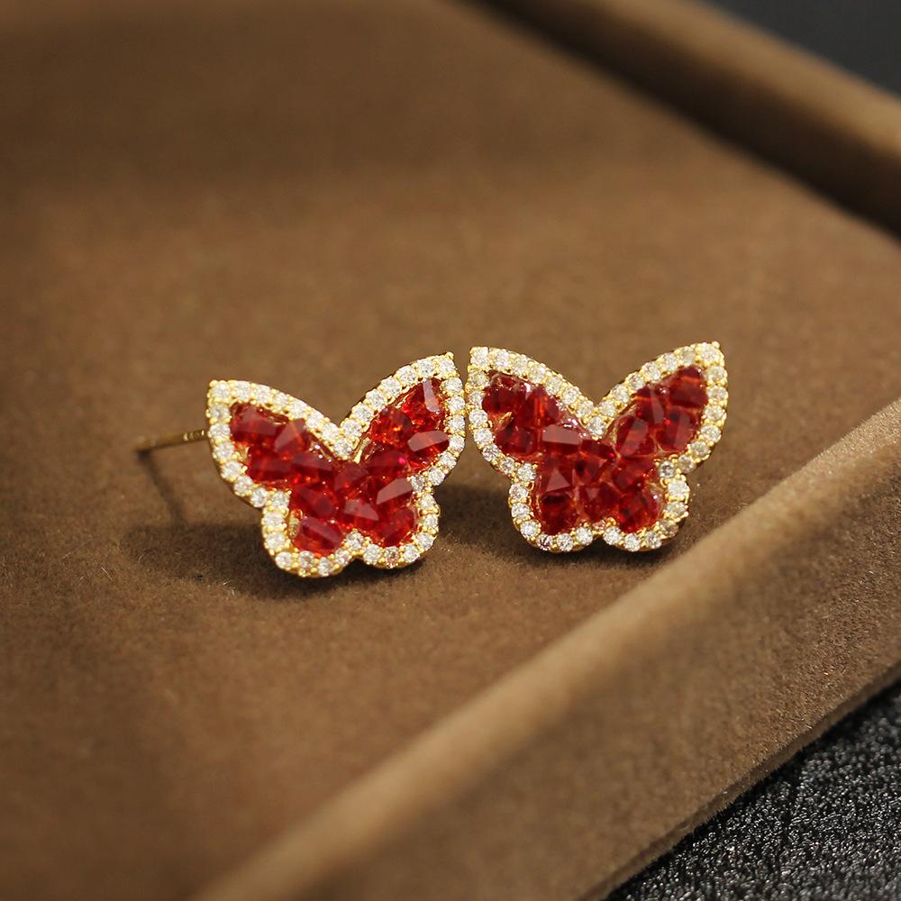 2025 Autumn and Winter New Red Crystal Butterfly Stud Earrings High-end Light Luxury Niche Design Unique Exquisite Earrings Women