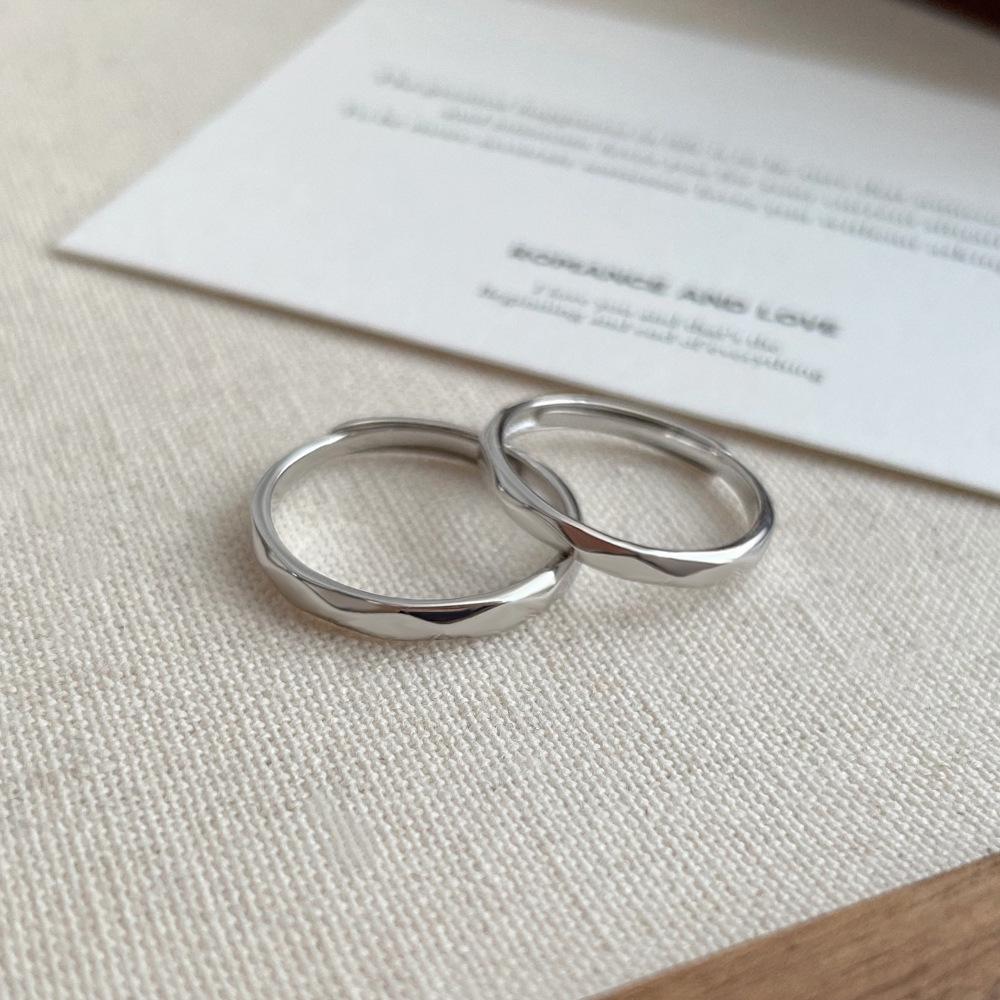 S999 Sterling Silver Minimalist Diamond Shape Adjustable Couple Ring Set - Light Luxury Pure Silver Band