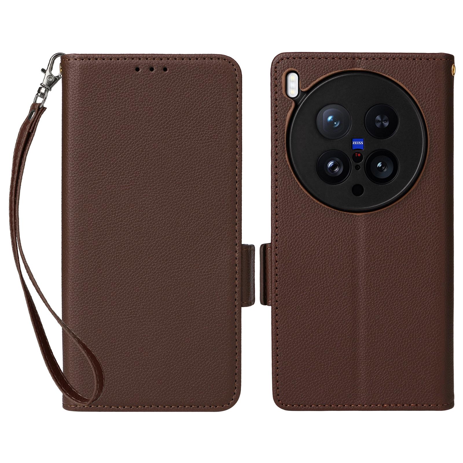 

For vivo X200 Ultra 5G Case with Wrist Strap Litchi Texture PU Leather Wallet Phone Cover Brown