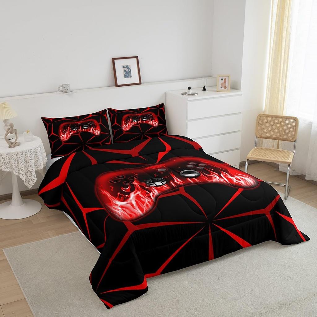 Boys Gamer Comforter Set3D Gaming Bedding Set Twin Size Room DecorRed and Black Video Game Geometric Gaming for Game Lovers