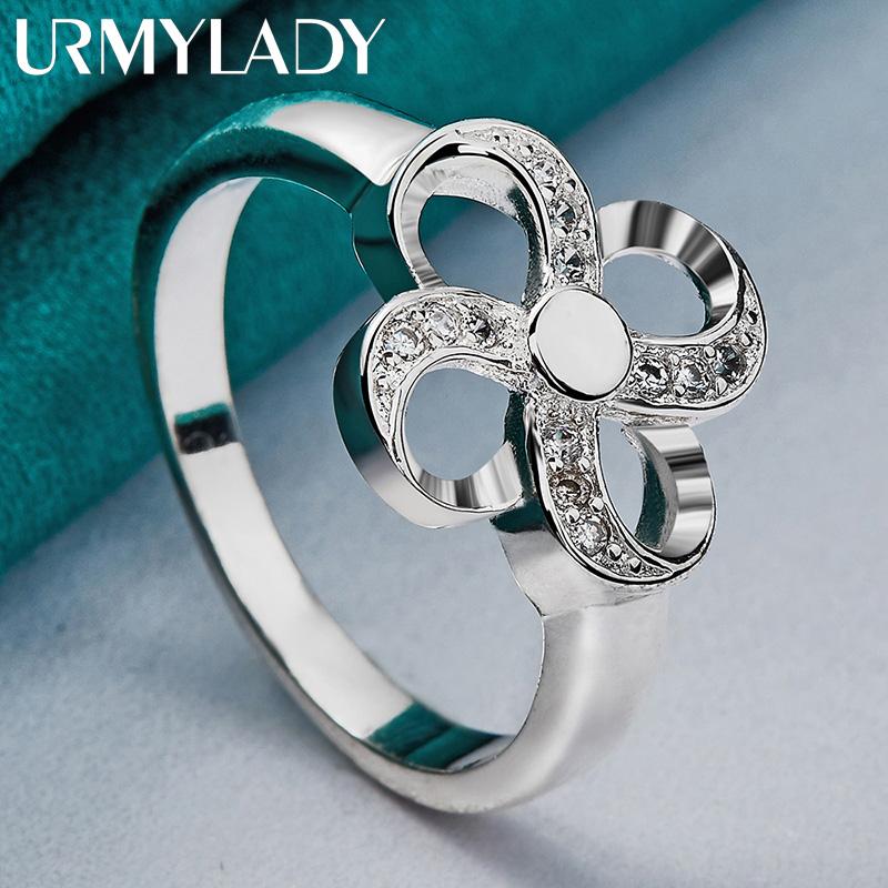 URMYLADY 925 Sterling Silver Four-Leaf Flower 7-10 Ring For Women Fashion Charm Jewelry