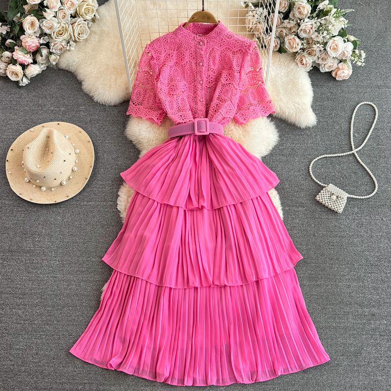 Accessible Luxury Socialite Stand Collar Lace Cake Dress Short Sleeve