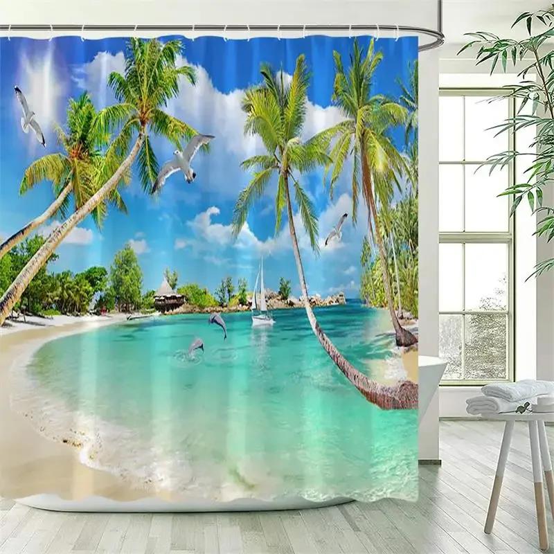 Ocean Landscape Shower Curtain Beach Palm Trees Parrots Dolphins Sea Waves Nature Scenery Bath Curtains Fabric Bathroom Decor
