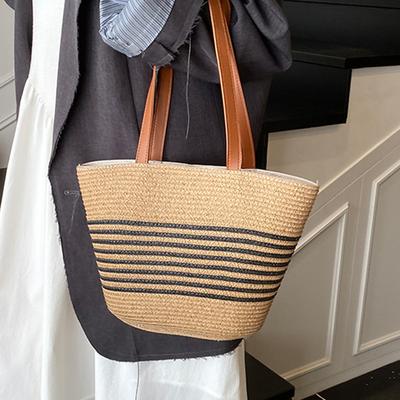 Summer New Striped Large-capacity Straw Woven Tote Bag Handbag Shoulder Underarm Women's Bag Seaside Beach Bag