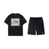 Li Ning Logo Printed Round Neck Short Sleeve T-Shirt Comfortable Lifestyle Trendy Shorts Casual Sports Suit Unisex Suit AHSUA15-2+AKSV843-1