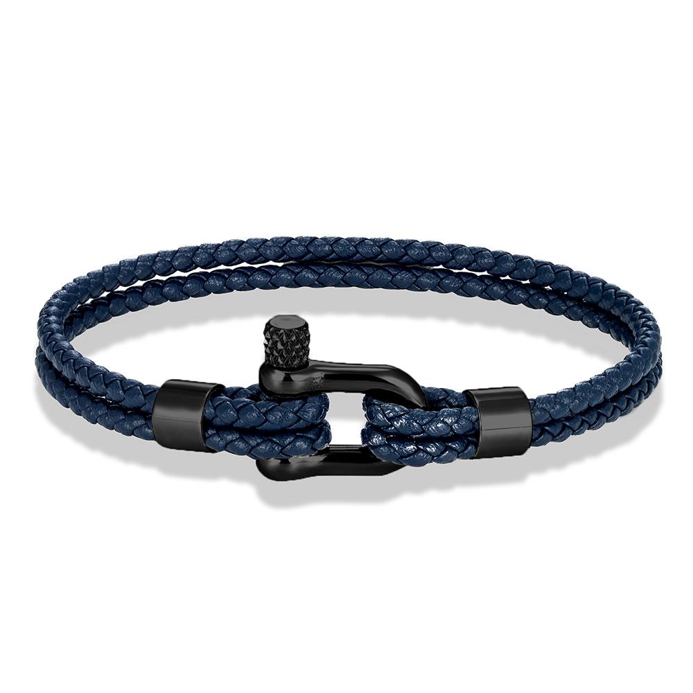 MKENDN Black Stainless Steel Shackle Bracelet Double Layer Blue Leather Handmade Nautical Jewelry for Men Women