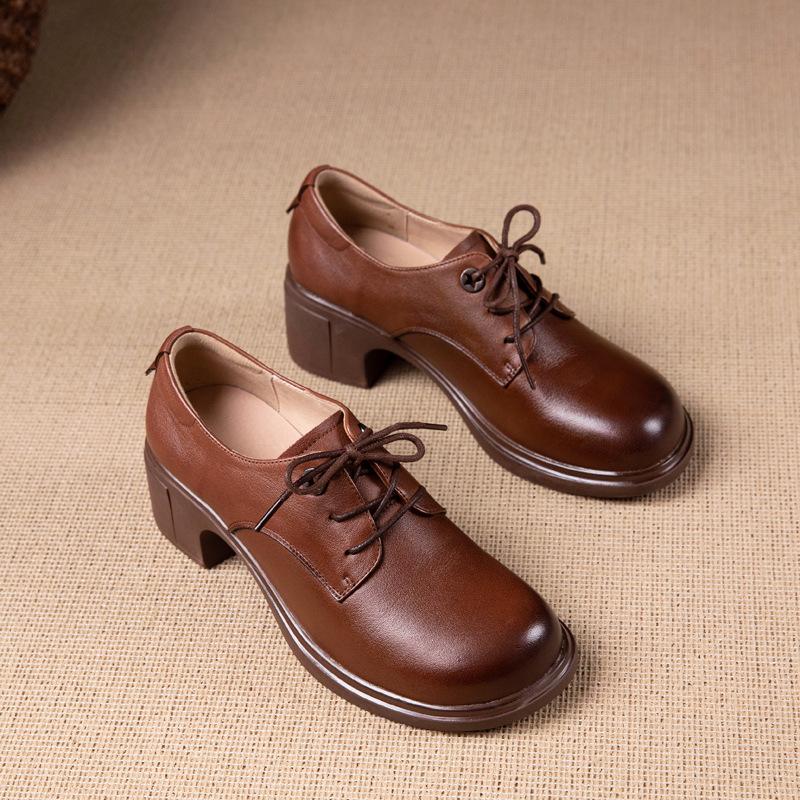 Die erste Schicht Rindsleder Einzelne Schuhe Damen Keilabsatz Herbst Neu Schnürleder Brock Britisch Retro Slipper Damenschuhe