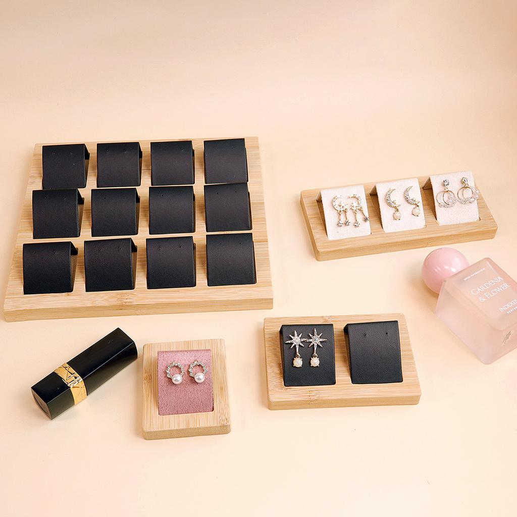 Bamboo Wood Earrings Display Stand DIY Velvet PU Leather Jewelry Storage Tray for Window Counter Props Show