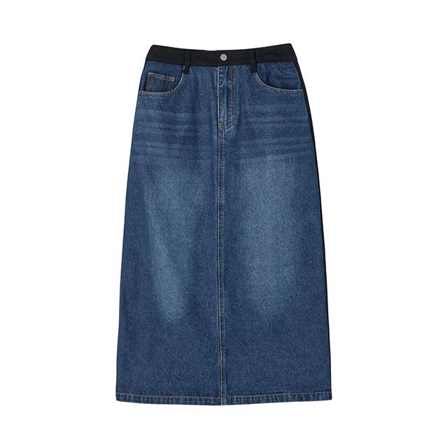 LAP Cotton Front & Back Contrast Denim Long Skirt Aq3Ds863