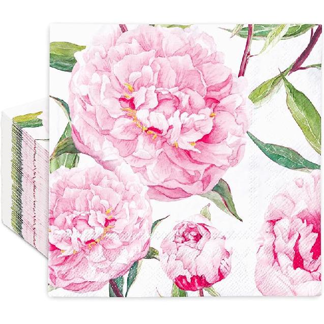 AnyDesign 100Pcs Peony Guest Napkins Pink Flower Paper Dinner Napkins Watercolor Decorative Disposable Hand Napkins for Party Tableware Supplies, 13 6.5 x 6.5 Inch
