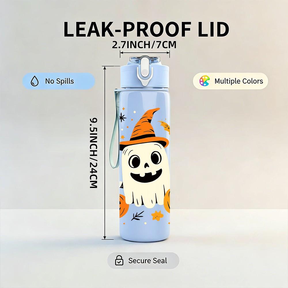 1PC Halloween Ghost Pumpkin Pattern 750ml Color Plastic Sports Water Bottle Leakproof Flip Straw Lid Suitable for Sports Office Home Use