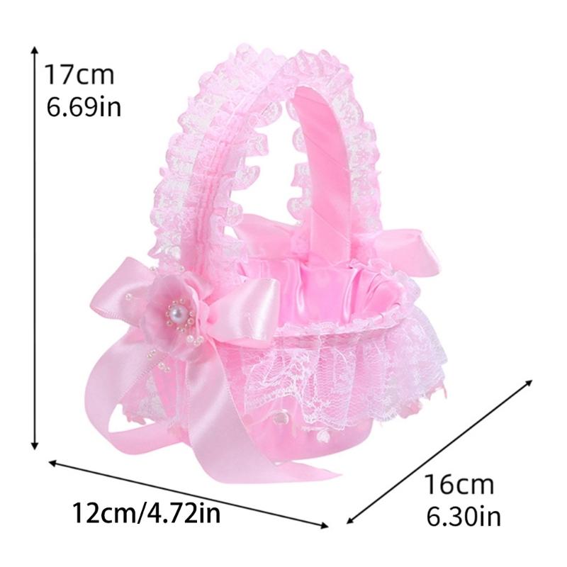 Wedding Flower Girl Basket with Lace Trim Handle Bowknot Flower Baskets for Wedding Ceremony Party Floral Arrangement
