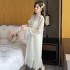 Ling Lei Chunqiu Solid Color V-Neck Lace Bow Mesh Court Princess Style Medium Long Pajamas Pajamas Homewear