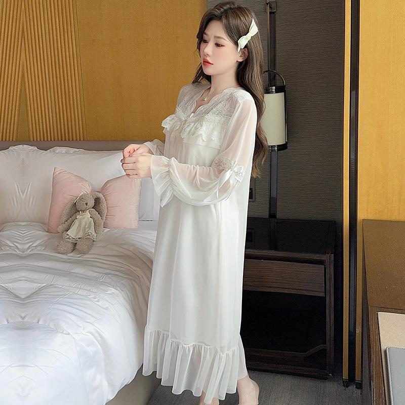 Ling Lei Chunqiu Solid Color V-Neck Lace Bow Mesh Court Princess Style Medium Long Pajamas Pajamas Homewear