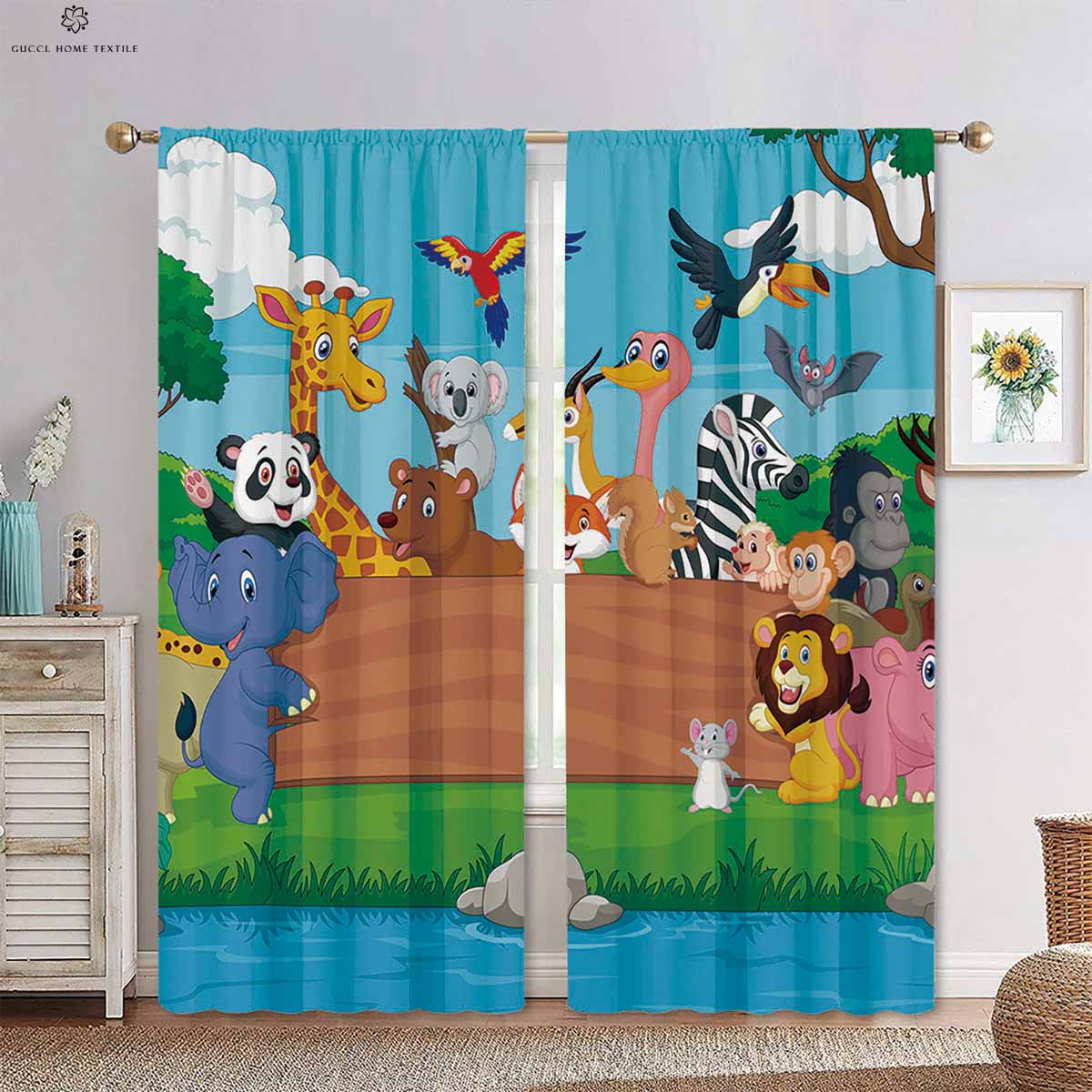 Cartoon Regenbogen Wald Tierdruck Vorhänge, Dekorative Vorhänge für Kinderzimmer, Leicht zu waschen und zu pflegen, Schlafzimmer, Wohnzimmer Q10539QQ-W70xH100(CM)x2PCS&Rod pocket