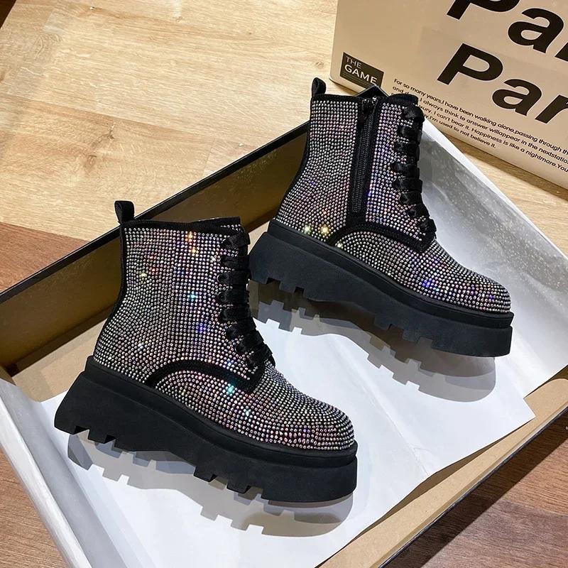 New Fashion Bling Crystal Chunky Ankle Boots for Women  Rhinestones Winter Shoes Woman Thick Bottom Platform Flat Boots