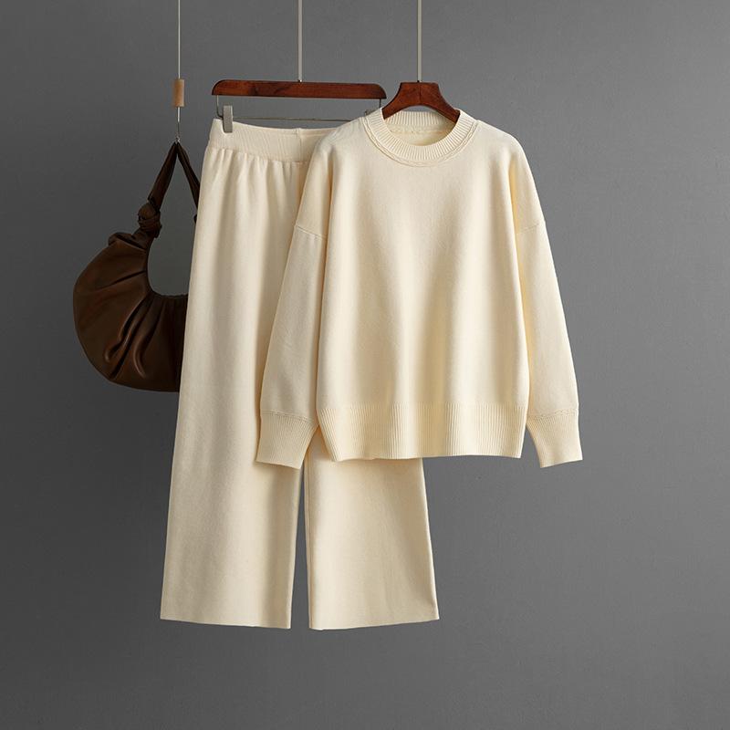 Wind Women's Suit Autumn and Winter New Round Neck Loose Knitted Sweater Casual Wide-leg Pants Two-piece Set