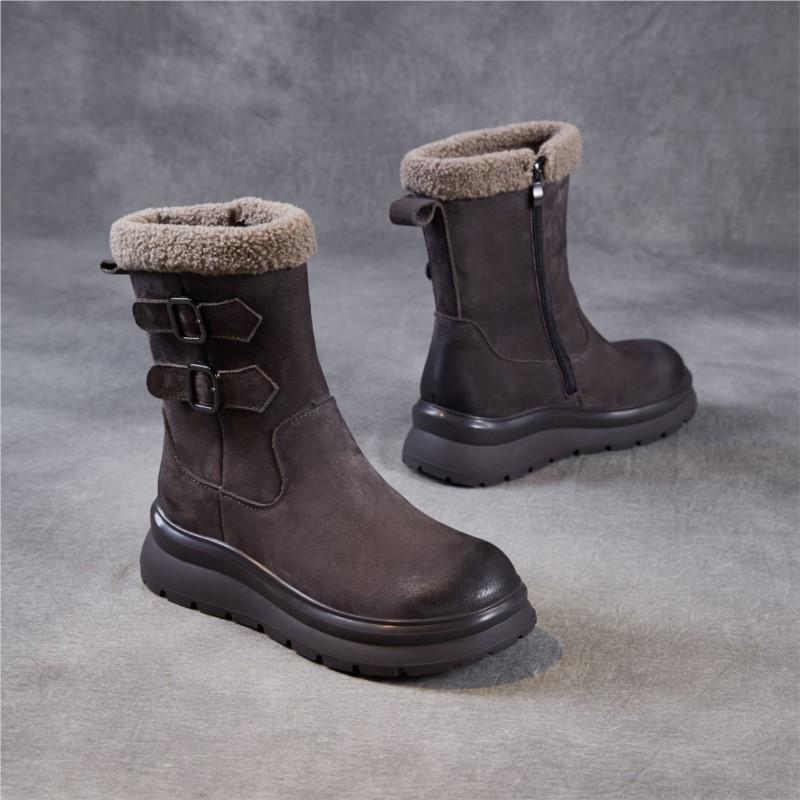 Johnature Anti Slip Thick Soled Snow Boots Belt Buckle Plush Warm Genuine Leather Women's Mid-calf Boots