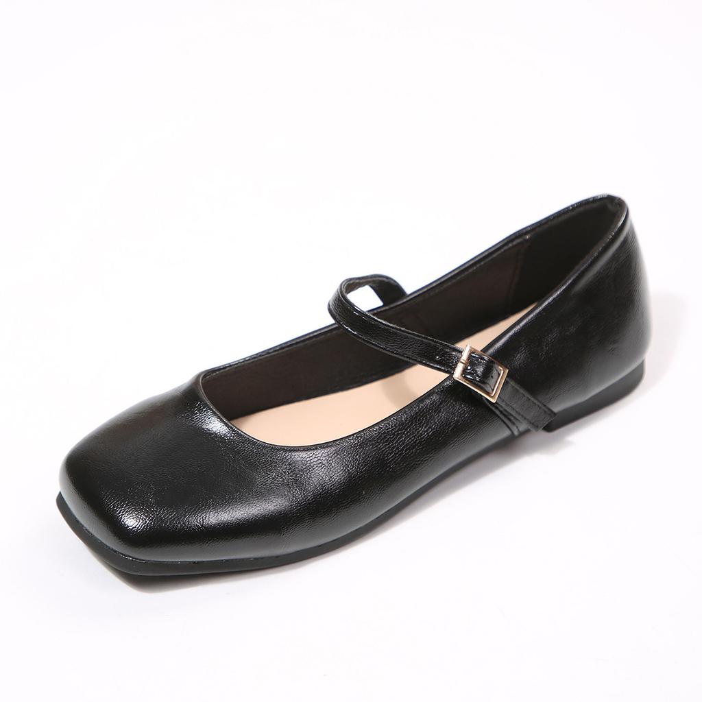 Round-toe Low-top Leather Women's Low-heeled Slip-on Shoes with A Strap Buckle