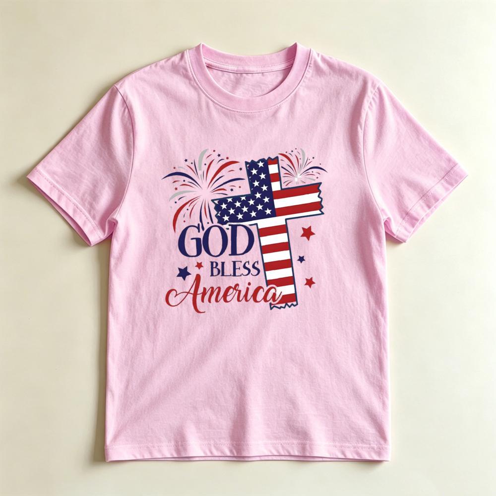 God Bless America American Flag Cross Graphic TShirt Patriotic 4th Of July Christian Tee Usa Independence Day Faith T