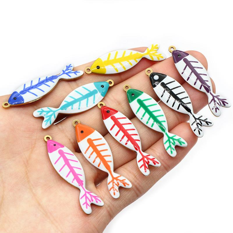 10pcs 40x11mm Stainless Steel Enamel Skeleton Fish Charms Pendant DIY Jewelry Making Accessories Findings for Necklace Earrings