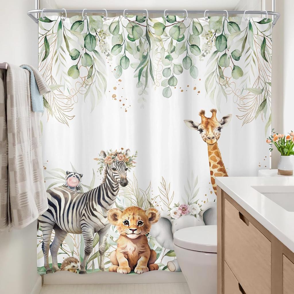 Kids Woodland Animal Eucalyptus Shower Curtain Cute Spring Leaves Fun Cartoon Botanical Wildlife Bathroom Set Boys Girls Nursery