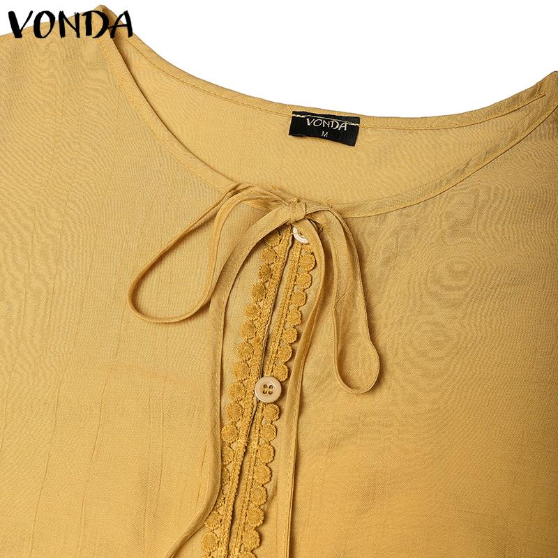 VONDA Two Pieces Women Crochet Hem Buttons Blouse Elastic Waist Shorts Outfits