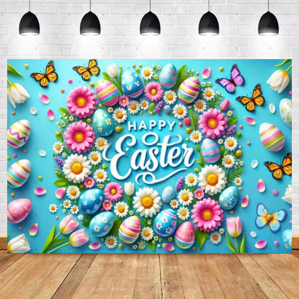 Spring Vibrant Rabbit Backdrop Supplies Happy Easter Theme Background Banner Bunny Easter Eggs Party Decoration Photography Prop