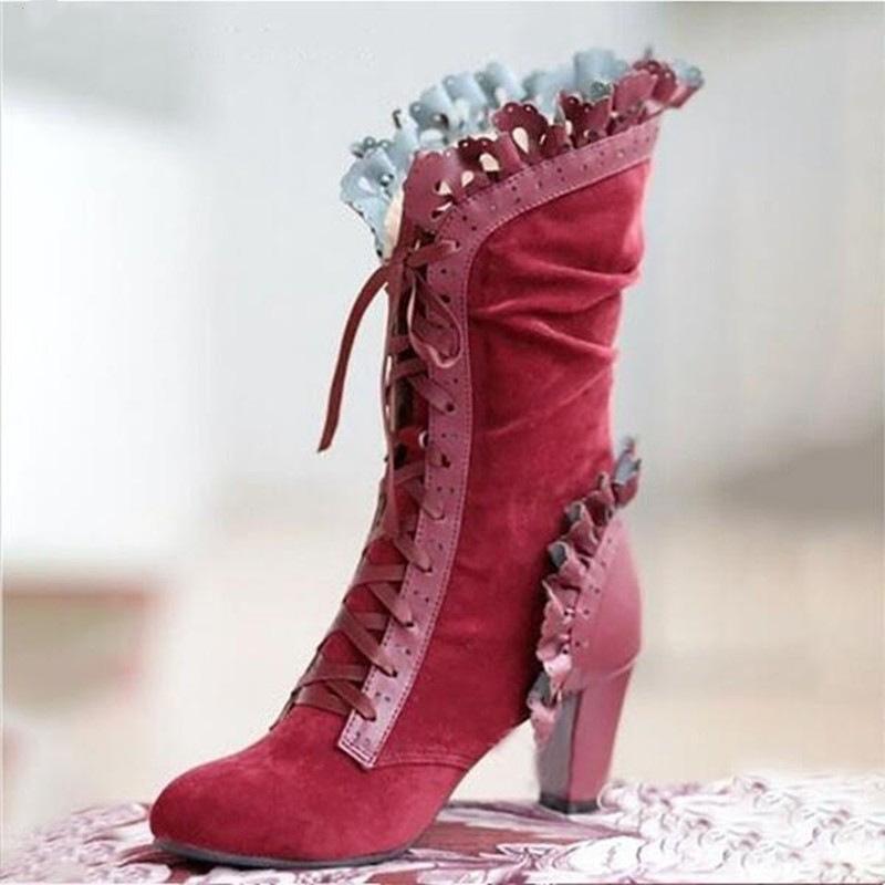 Women's Plus-size High-heeled Fashion Boots Lace Mid-leg Boots