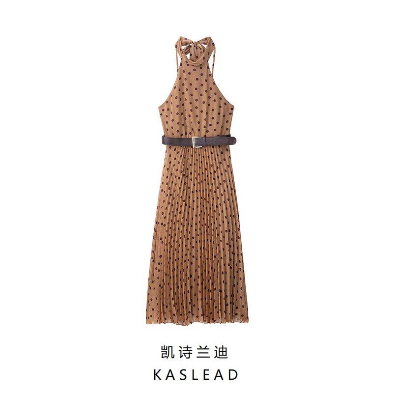Kaslead New Women clothes Western Style Fashion Polka Dot Belt Midi Dress 8642802 930