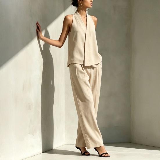 Women's Two Piece Set, Sleeveless V Neck Vest Top And Wide Leg Pants Matching Sets, Casual Business Office Work Outfits