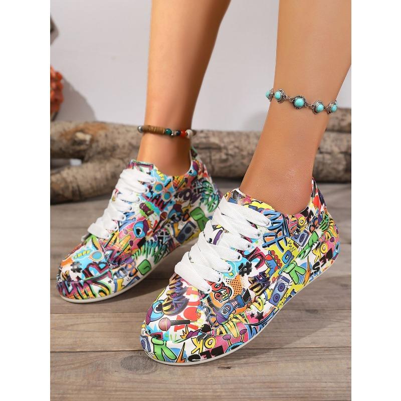 2025 New Arrival Oversized Sneakers with Colorful Letter Prints, Thick Soles, Lace-Up Round Toe, Sporty Style Women's Shoes