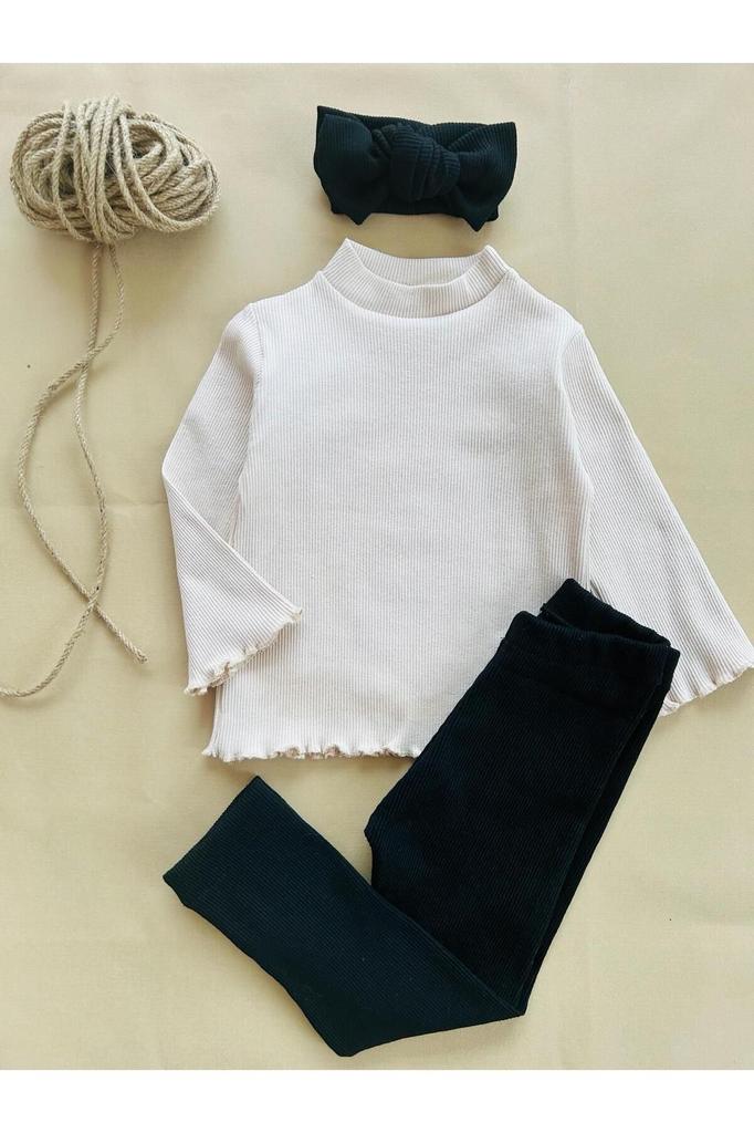 Kız Bebek Kız Çocuk Fitilli Bandanalı Tayt Takım 3lü Set