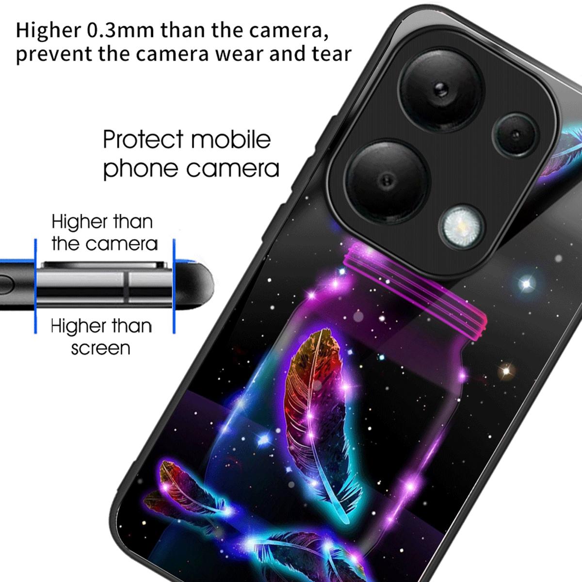 

For Xiaomi Redmi Note 13 Pro 4G/Poco M6 Pro 4G Case Tempered Glass+TPU Pattern Scratchproof Phone Cover Fluorescent Feather