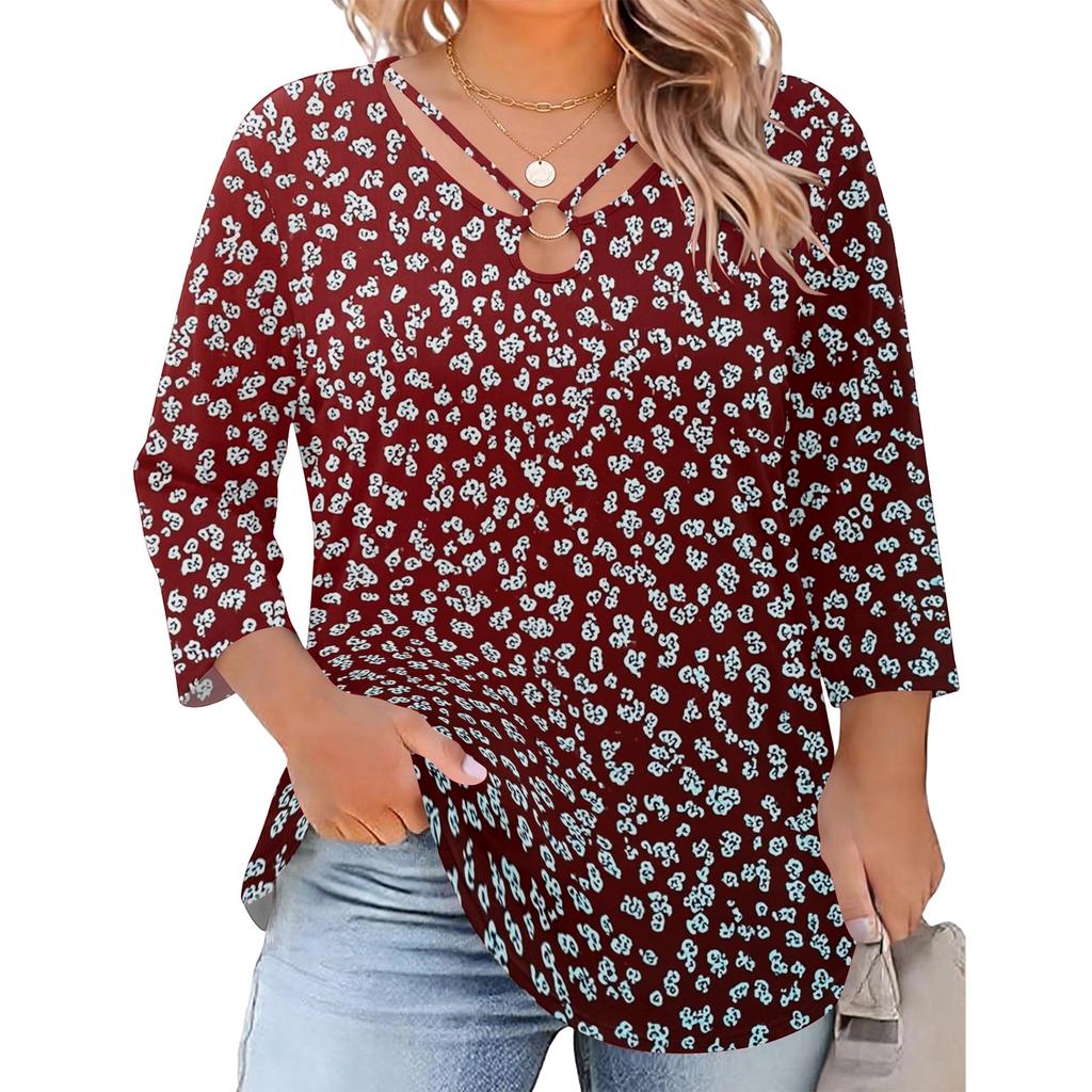Blusa Floral Feminina Plus Size com Manga Três Quartos, Blusa Casual, Túnica de Corte Amplo para Primavera Verão, Uso Diário, Trabalho e Saídas