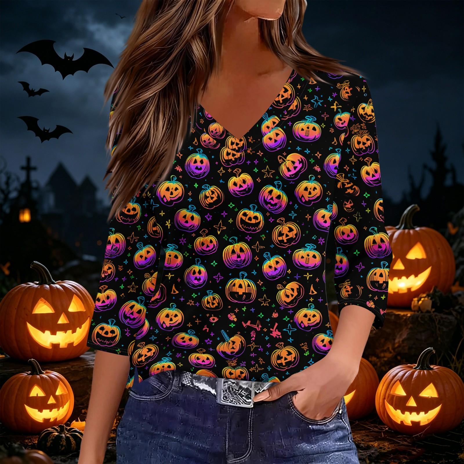 Women s Casual Halloween Printed V Neck Top with Three Quarter Sleeves Relaxed Fit Comfortable Fabric Design S золотой