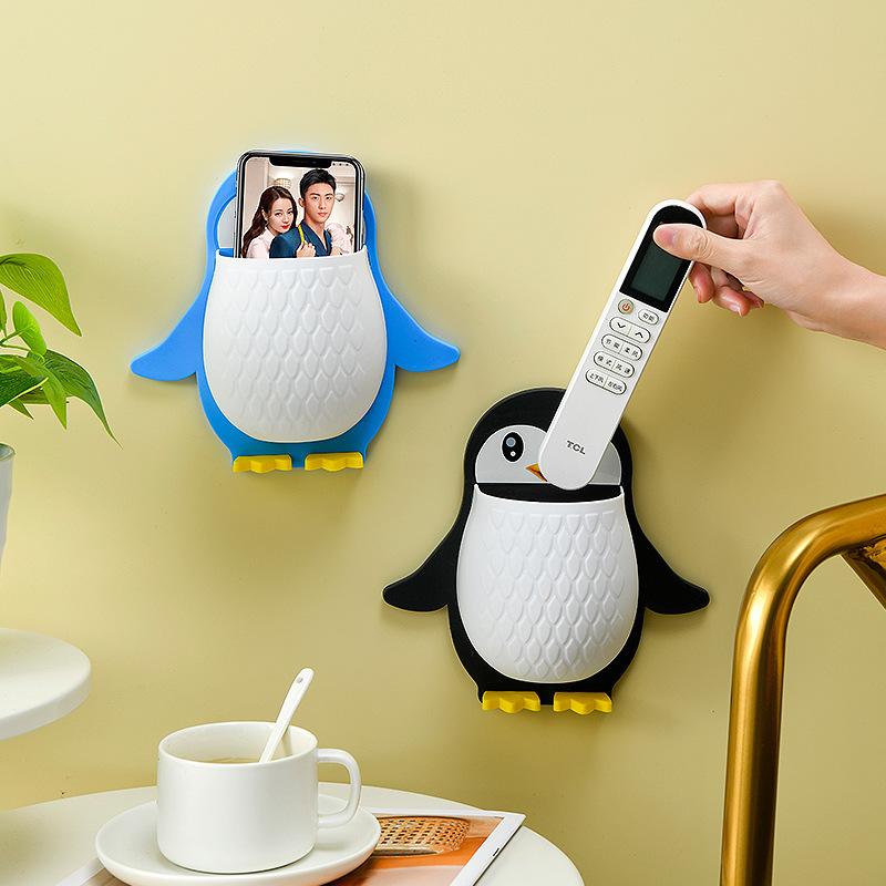 Penguin Wall Mounted Storage Shelf For Bathroom, No Drill Adhesive Plastic Organizer For Sink Counter, Cute Cartoon Multi Purpose Holder For Home