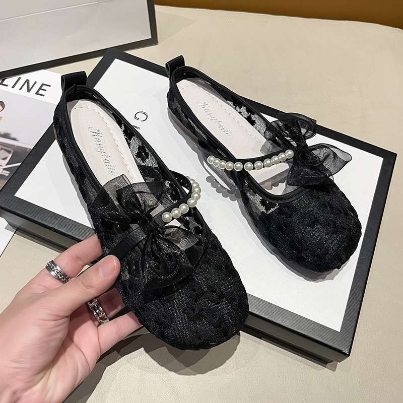 Bow bag head slippers women's outer wear 2025 summer thin mesh breathable one pedal flat lazy maternity shoes