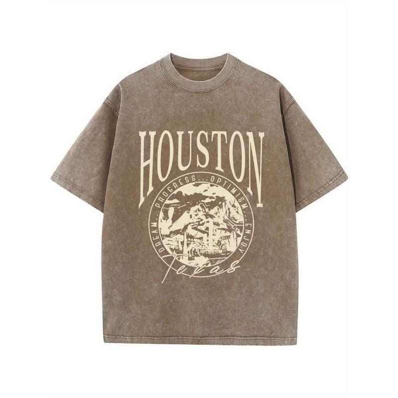 Houston Graphic Cotton T-Shirt for Men - Retro Style, Mountain Landscape Print, Casual Fit, All-Season Wear, Machine Washable