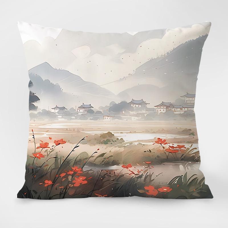 Landscape Painting Retro Pattern Decorative Pillowcase Living Room Bedroom Square Cushion Pillowcase