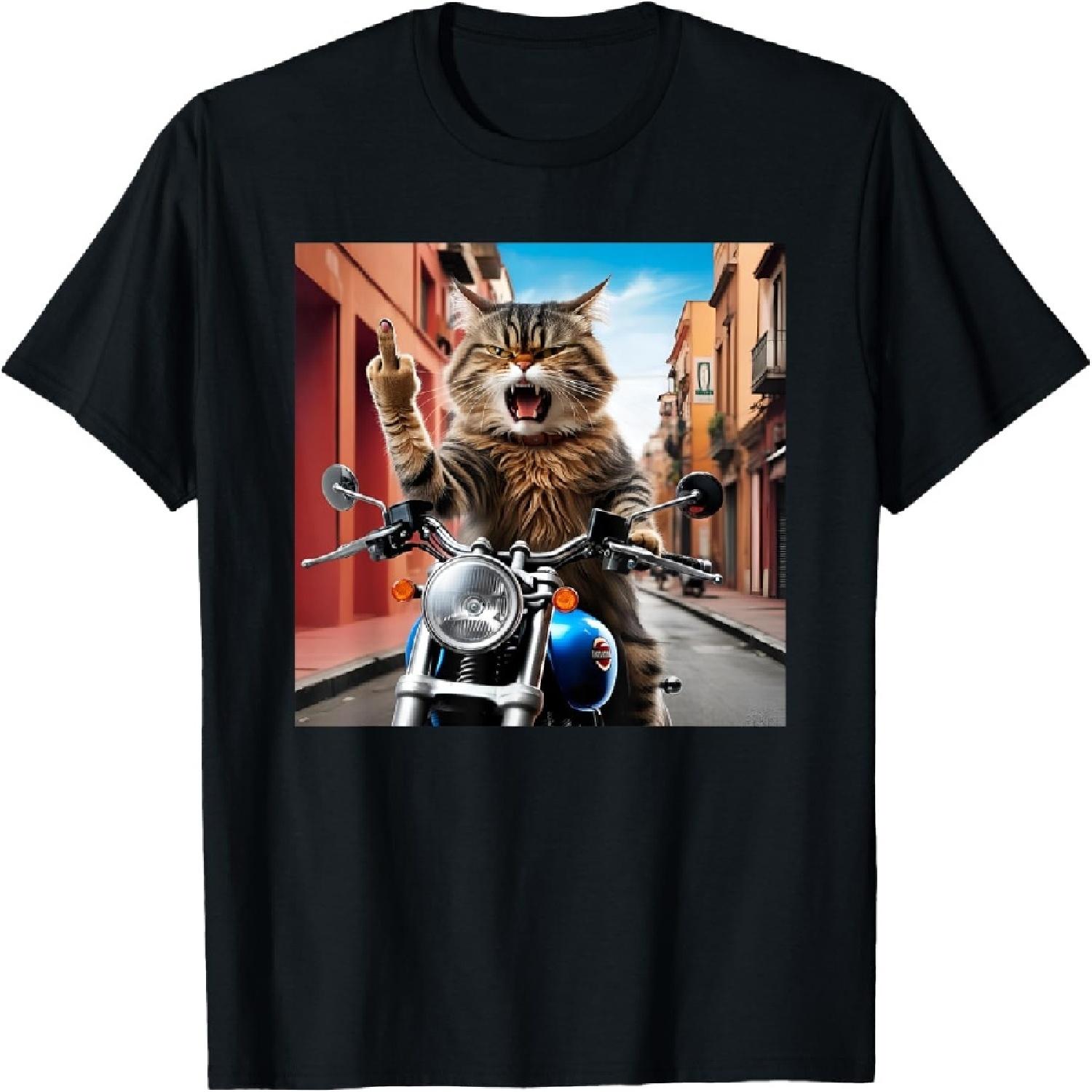 Funny Cat Finger Cat Riding a Motorcycle Cat Lover T-Shirt S