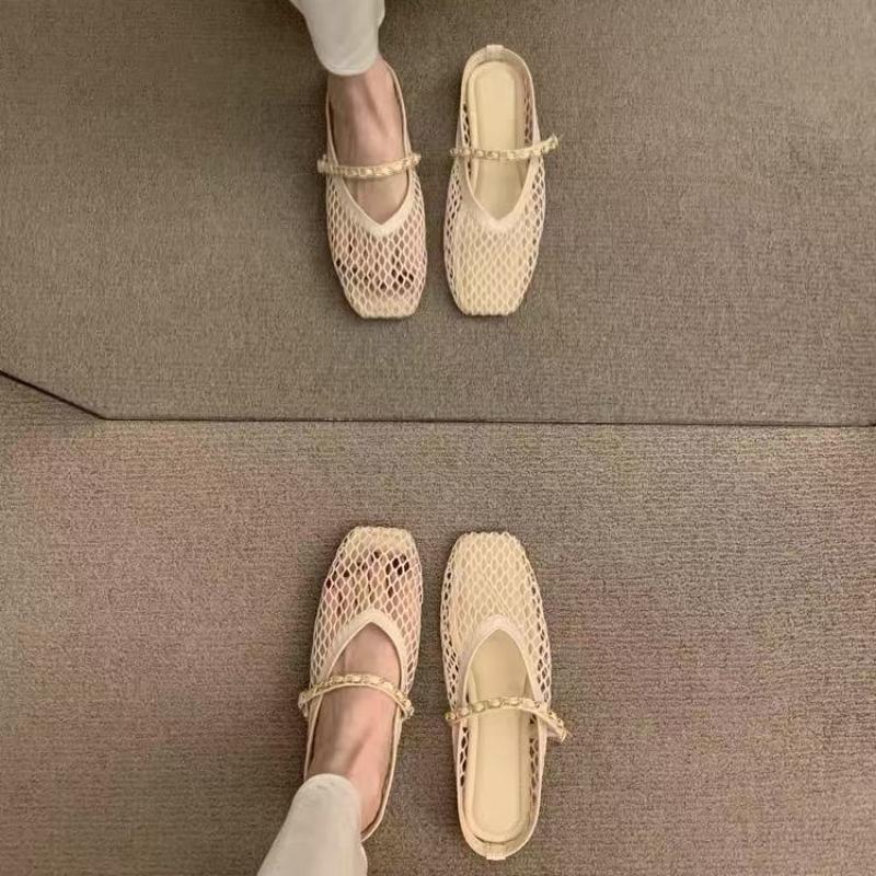 Fashion New Retro Flat Shoes Summer New Square Toe Fishing Net Breathable Hollow Outside Wear Slip-on Baotou Half Slippers