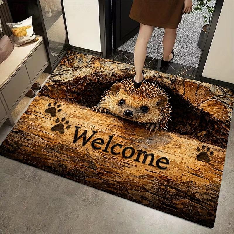 Igel Willkommens-Fußmatte Niedliches Tierdesign mit Pfotenabdrücken Langlebige und einladende Eingangsmatte für die Heimdekoration MAT 40X60CM brown