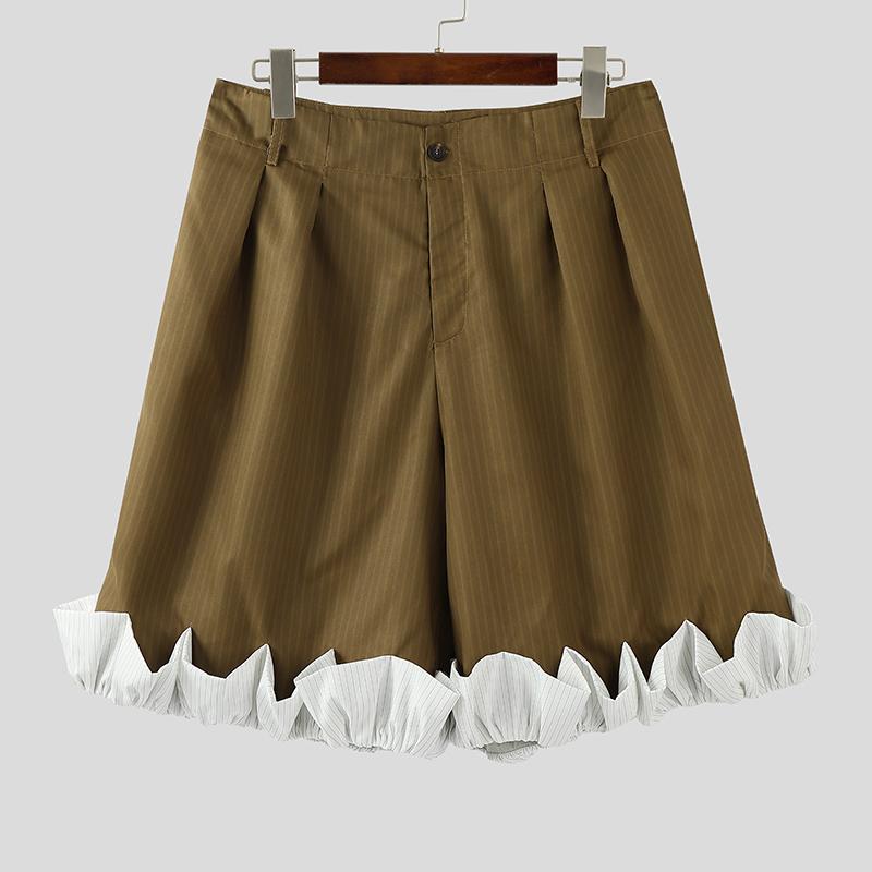 INCERUN Men Zip-up Waist Striped Ruffled Hem Loose Half Pants Shorts