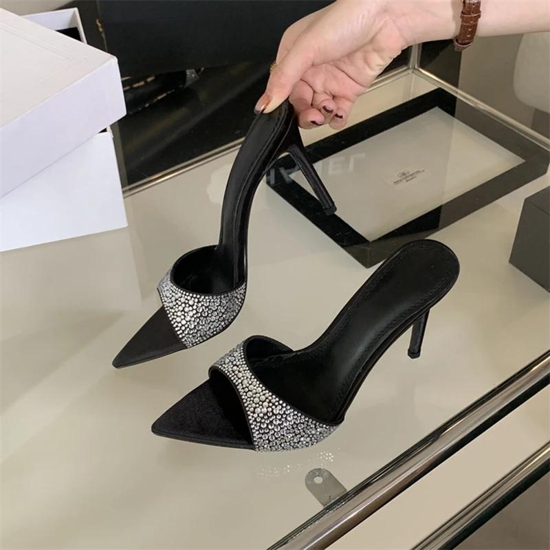 Summer Open Toe Crystal Slippers for Women Fashion Leopard High Heel Slip-On Dress Slides Street Style Footwear