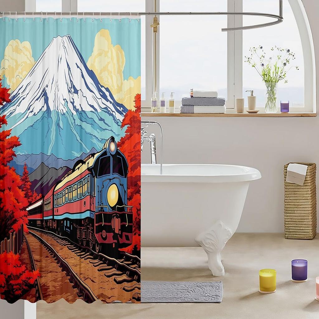 Japanese Style Shower Curtain,Red Cherry Blossom Bathroom Curtain,Mount Fuji Train Print Waterproof Curtain Kids Girls Teens