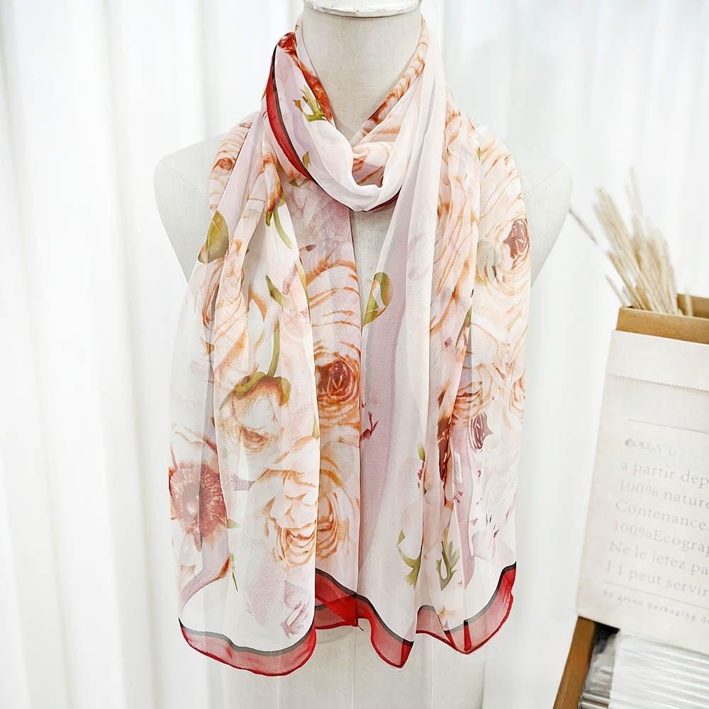 Flower Print Long Chiffon Scarf Sun Protection Thin Soft Shawl Wrap Breathable Lightweight Sun Protection Scarf for Summer Wear