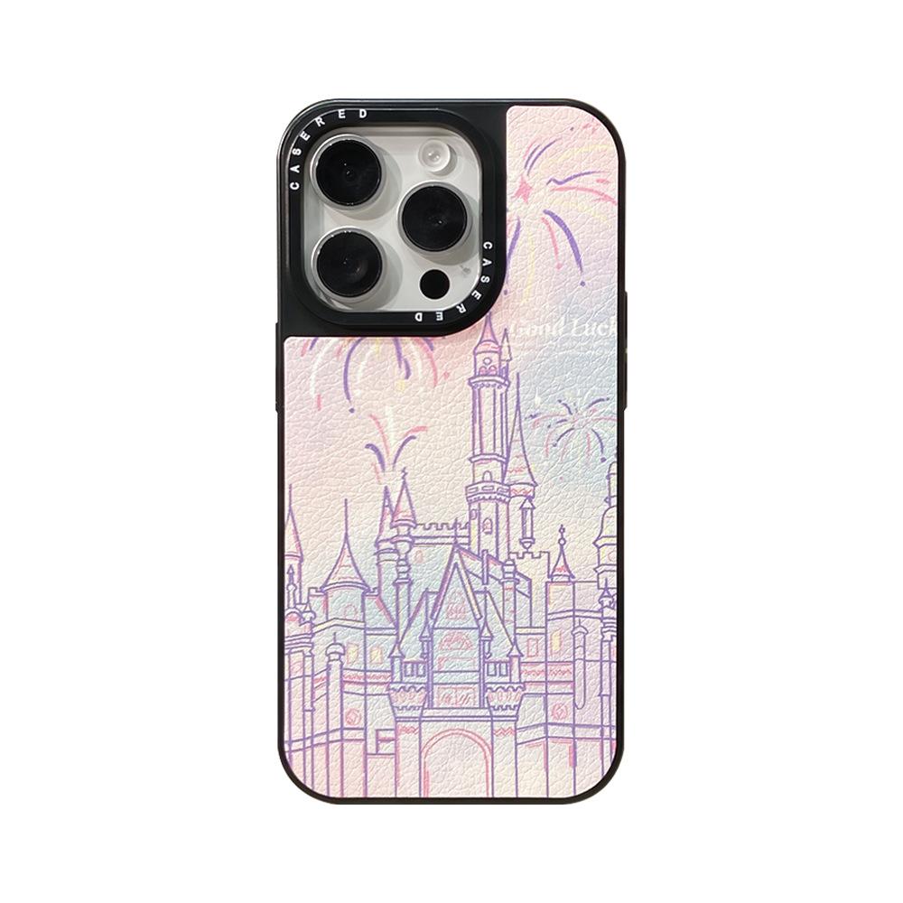 Applicable iPhone16Pro mobile phone case ins Fireworks Castle Apple 15 leather pattern advanced anti-drop protective case 13
