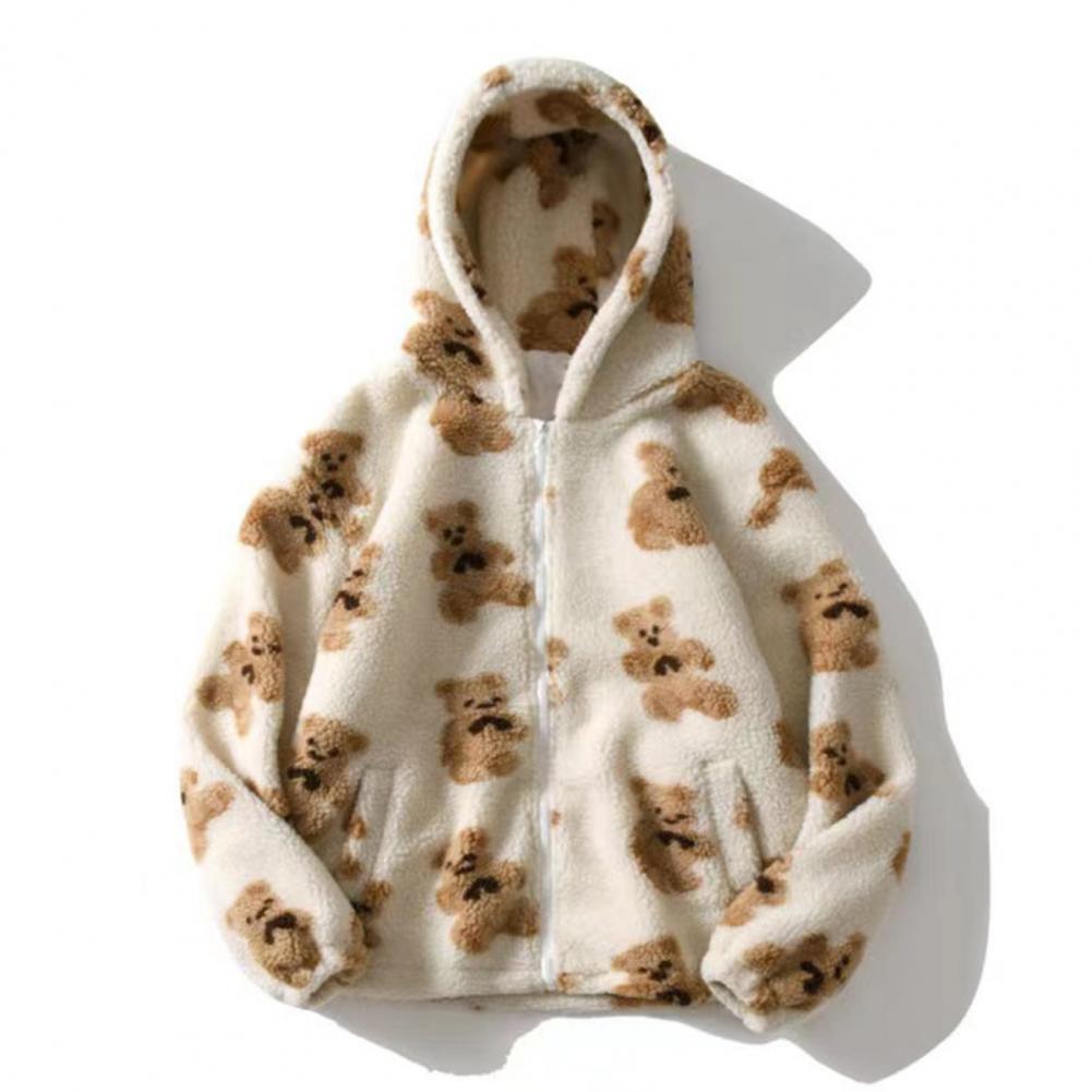 Women Autumn Winter Fleece Hooded Jacket with Drawstring Long Sleeve Pockets Zipper Placket Plush Sweatshirt Coat Heart Bear Pri