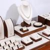 Walnut Wood Microfiber Jewelry Display Set for Necklace, Ring, Earrings, and Bracelet.